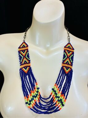 Festival Chic Blue Multicolor Beaded Statement Necklace Neon Lightweight